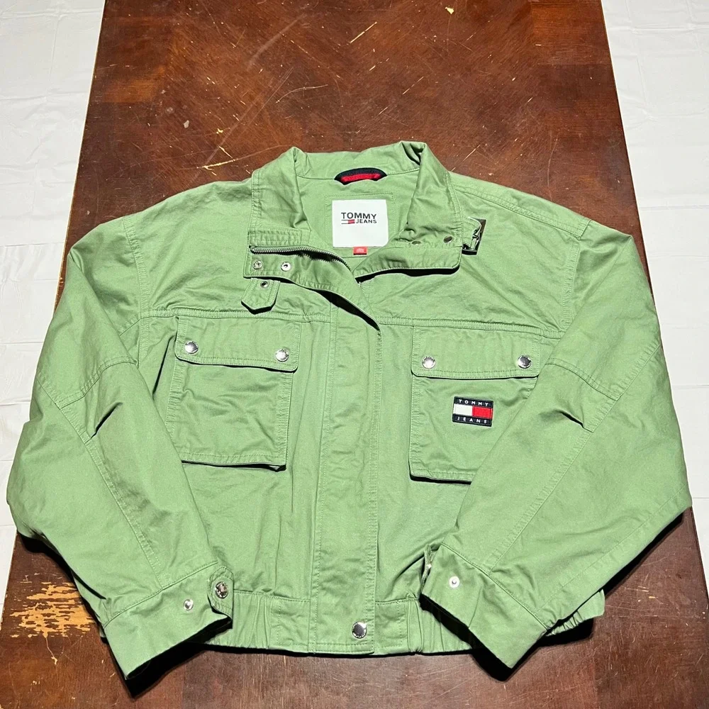 Tommy Jeans Sage Green Utility Jacket Womens XL Cropped Cotton Twill Boxy Zip Up